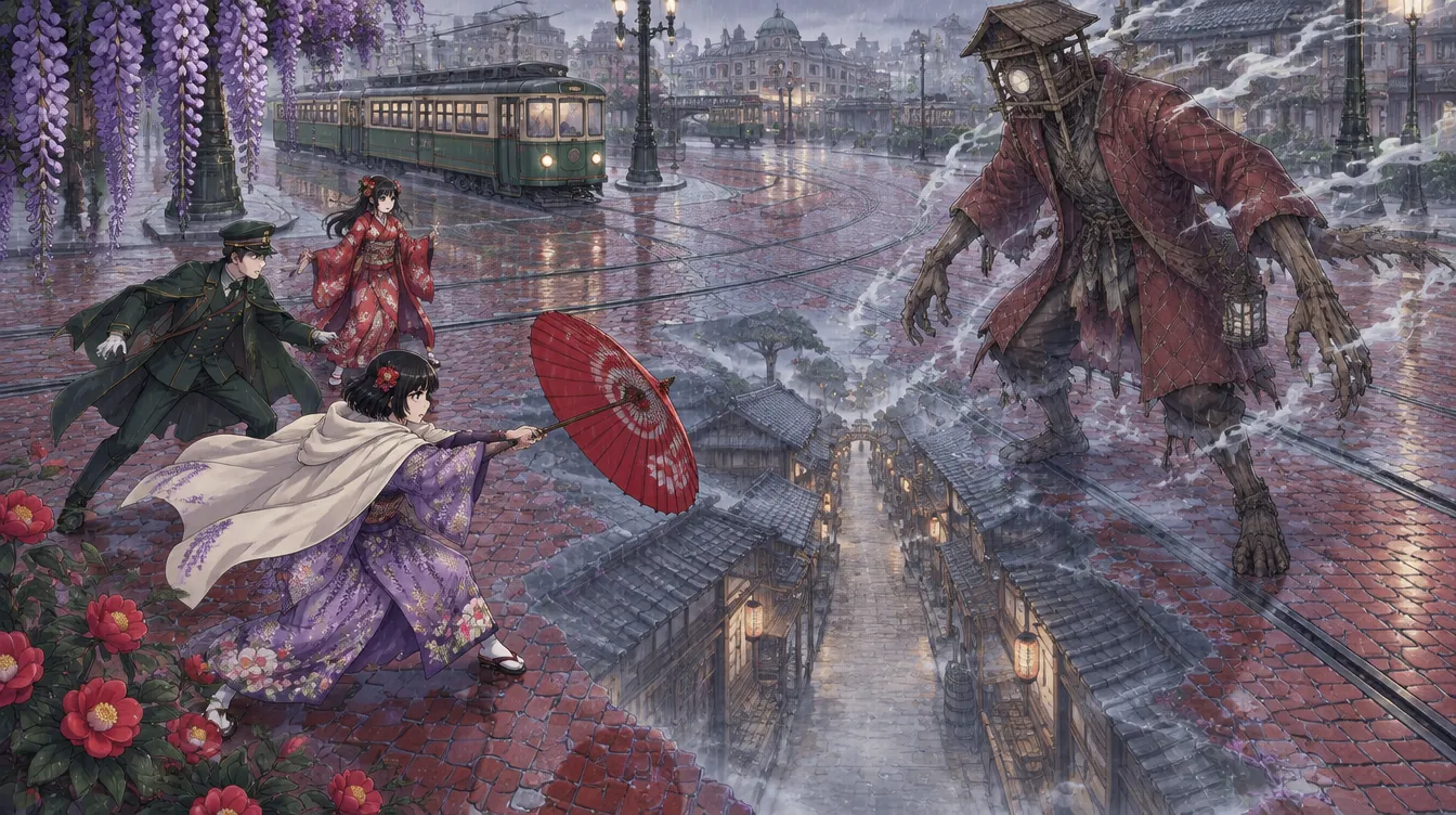 Layar pertarungan: Shino, Rokurō, dan Sayo menghadapi Furugami menara api di perempatan bata, ketika gang kayu Edo menembus jalan di antara mereka.