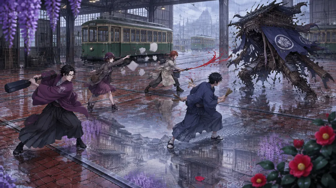 Layar pertarungan di depo trem: Hanzō, Yae, Kōtarō, dan Tōru melawan Furugami kedai kain yang tirainya berkibar.