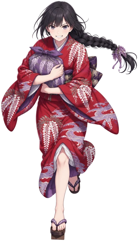 Sayo Kurahashi, gadis berkepang samping dengan furisode merah kamelia bermotif wisteria putih, berlari sambil memeluk buntelan kain ungu.