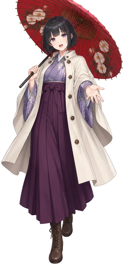 Shino Mutsuki, gadis berambut bob hitam dengan kimono wisteria, hakama plum, dan mantel hujan krem, mengulurkan tangan sambil memanggul payung merah bermotif kamelia.