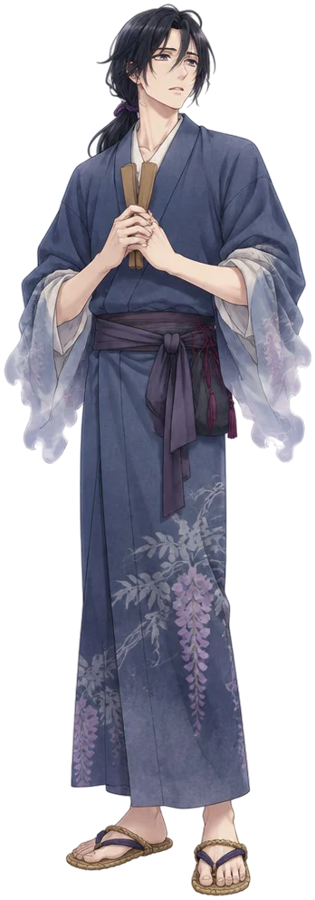 Tōru Akizuki, pemuda zaman Edo berambut panjang terikat dengan kosode nila pudar dan sandal jerami, menggenggam kayu pemukul di dada dengan wajah rindu rumah.