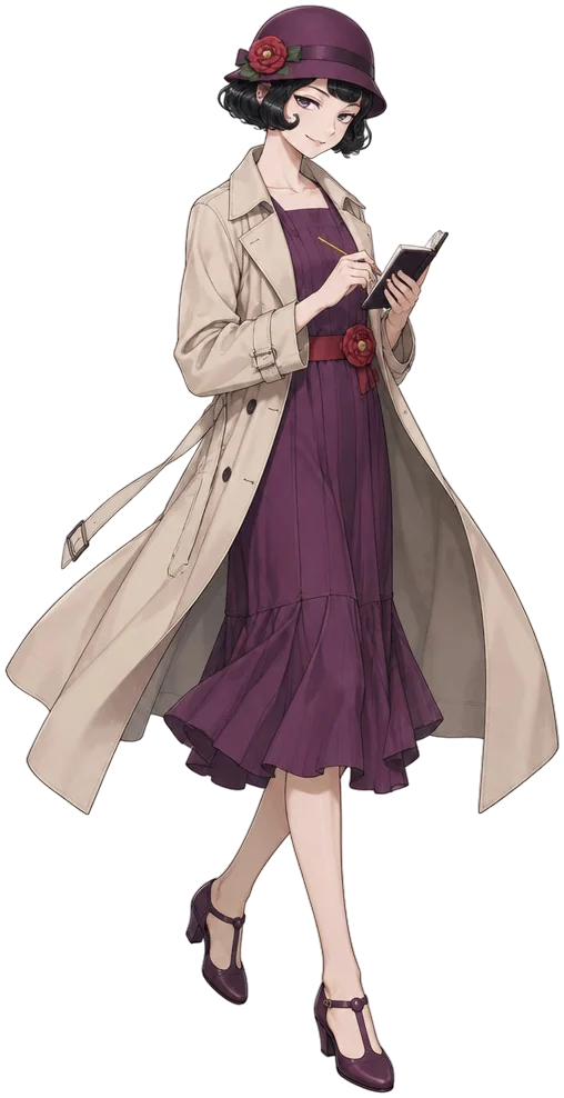 Yae Tsukioka, gadis modern berambut bob hitam bergelombang dengan topi cloche plum dan mantel trench krem, menulis di buku catatan sambil melirik.