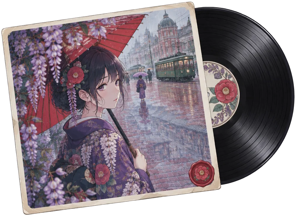 Sampul single lagu tema: lukisan gadis berpayung merah di bawah hujan wisteria, dengan piringan hitam yang setengah keluar dari amplopnya dan segel lilin kamelia.